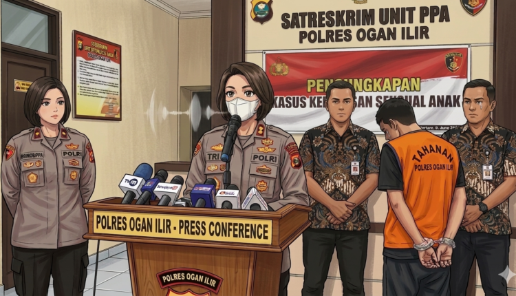 Penangkapan tersangka dugaan kekerasan seksual terhadap anak di bawah umur di Mapolres Ogan Ilir, Sumatera Selatan.