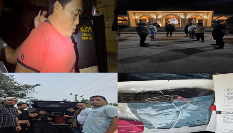Kolase foto proses penangkapan tersangka KA (49) oleh Tim Opsnal Satreskrim Polres OKU Timur di tempat persembunyiannya di Desa Talang Tengah Laut, Ogan Ilir, serta sejumlah barang bukti pakaian dan dokumen perkara yang diamankan petugas.