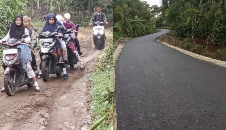 Kondisi jalan Talang Banan sebelum dibangun (kiri) dan sesudah dibangun (kanan). 