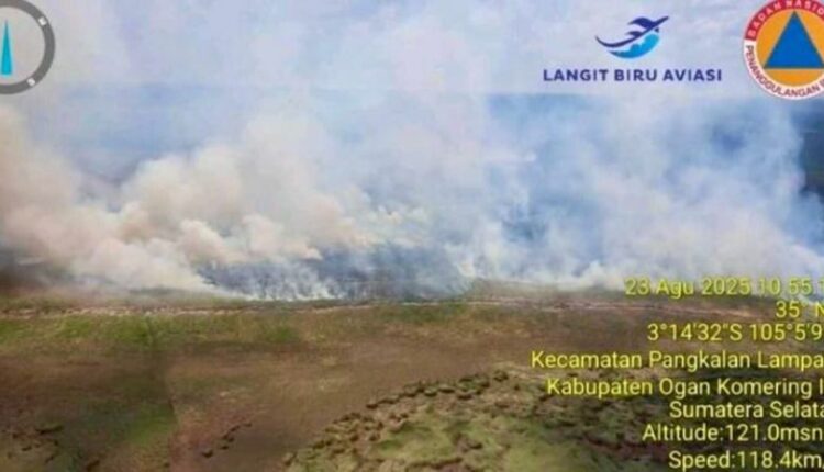 Asap putih membubung dari lahan gambut yang terbakar di Sumatera Selatan.