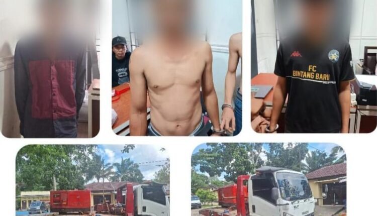 Tiga tersangka pencurian mesin genset berinisial RWP (27), S (36), dan MR (21) diamankan di Polres Musi Banyuasin bersama barang bukti satu unit mobil towing Isuzu NMR 81 dan satu unit genset Himoinsa 20 KVA.