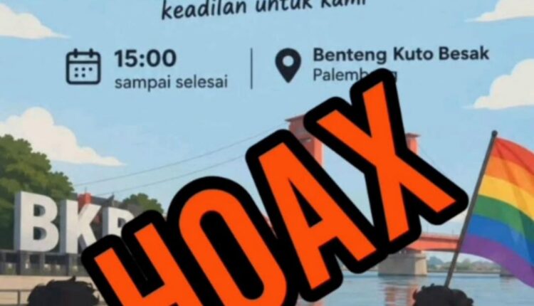 Sebuah pamflet digital bermuatan informasi bohong (hoaks) mengenai rencana kegiatan "Pawai Semarak LGBT" di kawasan Benteng Kuto Besak (BKB) Palembang beredar di sejumlah grup WhatsApp warga.